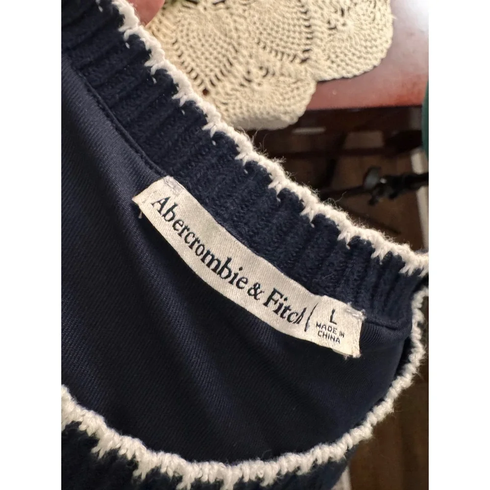 Abercrombie & Fitch Navy Knit Maxi Dress L White Contrast Trim Side Slits